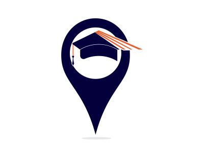 Graduation cap and gps point icon logo. Location Icon for University. Vector logo or icon design element for companies.	