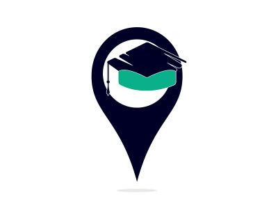 Graduation cap and gps point icon logo. Location Icon for University. Vector logo or icon design element for companies.	
