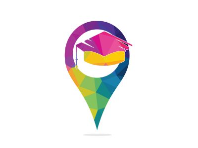 Graduation cap and gps point icon logo. Location Icon for University. Vector logo or icon design element for companies.	