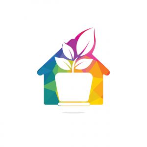 Flower pot and plant logo. Growth vector logo. Eco house shaped sign.	