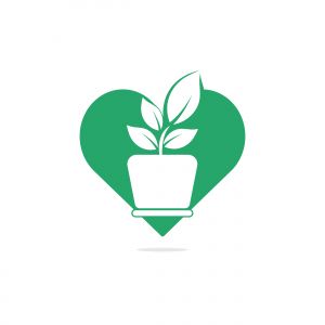 Flower pot and plant logo. Growth vector logo. Heart shaped sign.	