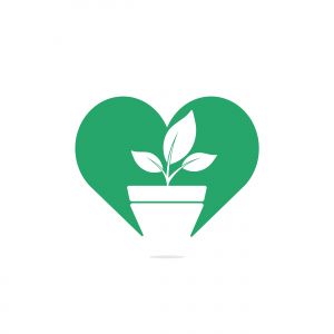 Flower pot and plant logo. Growth vector logo. Heart shaped sign.	