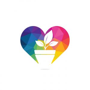 Flower pot and plant logo. Growth vector logo. Heart shaped sign.	