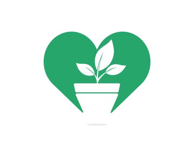 Flower pot and plant logo. Growth vector logo. Heart shaped sign.	