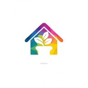 Flower pot and plant logo. Growth vector logo. Eco house shaped sign.	