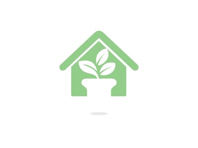 Flower pot and plant logo. Growth vector logo. Eco house shaped sign.	
