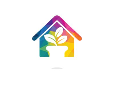 Flower pot and plant logo. Growth vector logo. Eco house shaped sign.	