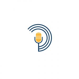 Podcast logo design. Studio table microphone with broadcast icon design.	