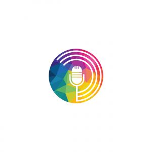 Podcast logo design. Studio table microphone with broadcast icon design.	