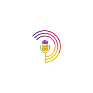 Podcast logo design. Studio table microphone with broadcast icon design.	