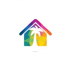 Vector house and palm tree logo. Beach house logo design.	