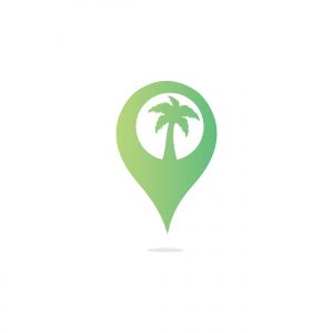 GPS beach sign vector logo design. GPS and palm tree icon. Navigation vector logo. Navigation vector icon.	