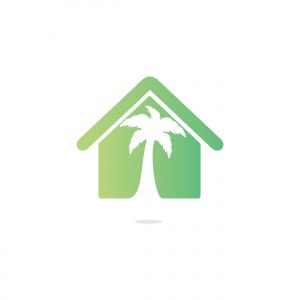 Vector house and palm tree logo. Beach house logo design.	
