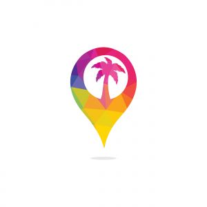 GPS beach sign vector logo design. GPS and palm tree icon. Navigation vector logo. Navigation vector icon.	