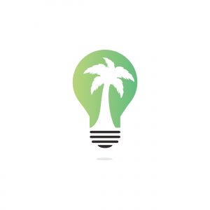 Abstract bulb lamp with palm tree logo design. Nature travel innovation symbol. Tour and travel concept design.	