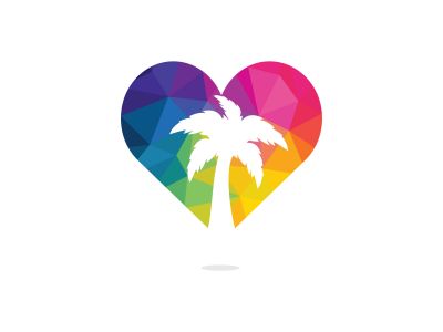 Heart shaped tropical beach and palm tree logo design. Creative simple palm tree vector logo design.	