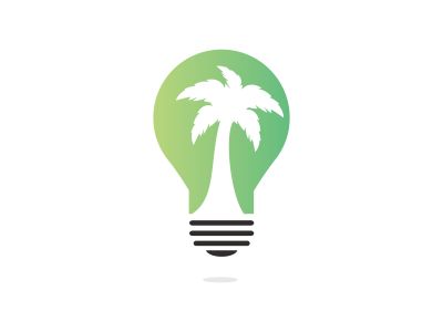 Abstract bulb lamp with palm tree logo design. Nature travel innovation symbol. Tour and travel concept design.	