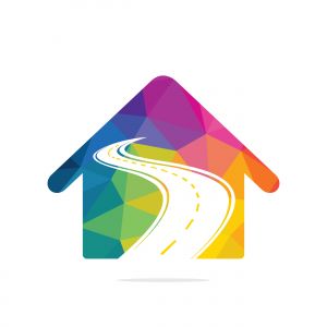Creative road journey logo design. Road and home logo vector design template.	