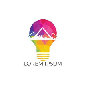 Mountain inside light bulb logo design. Leadership solution logo design. Concept of lamp, brainstorm, tourism, mission, strategy, ray, victory, briefing.	