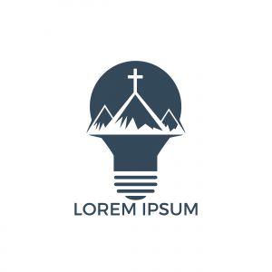 Baptist cross in mountain logo design. Cross on top of the mountain and light bulb shape logo.	