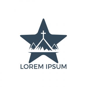 Baptist cross in mountain logo design. Cross on top of the mountain and star shape logo.	