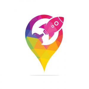  Rocket and map pointer logo design. Rocket and GPS locator symbol or icon.