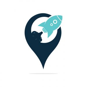  Rocket and map pointer logo design. Rocket and GPS locator symbol or icon.